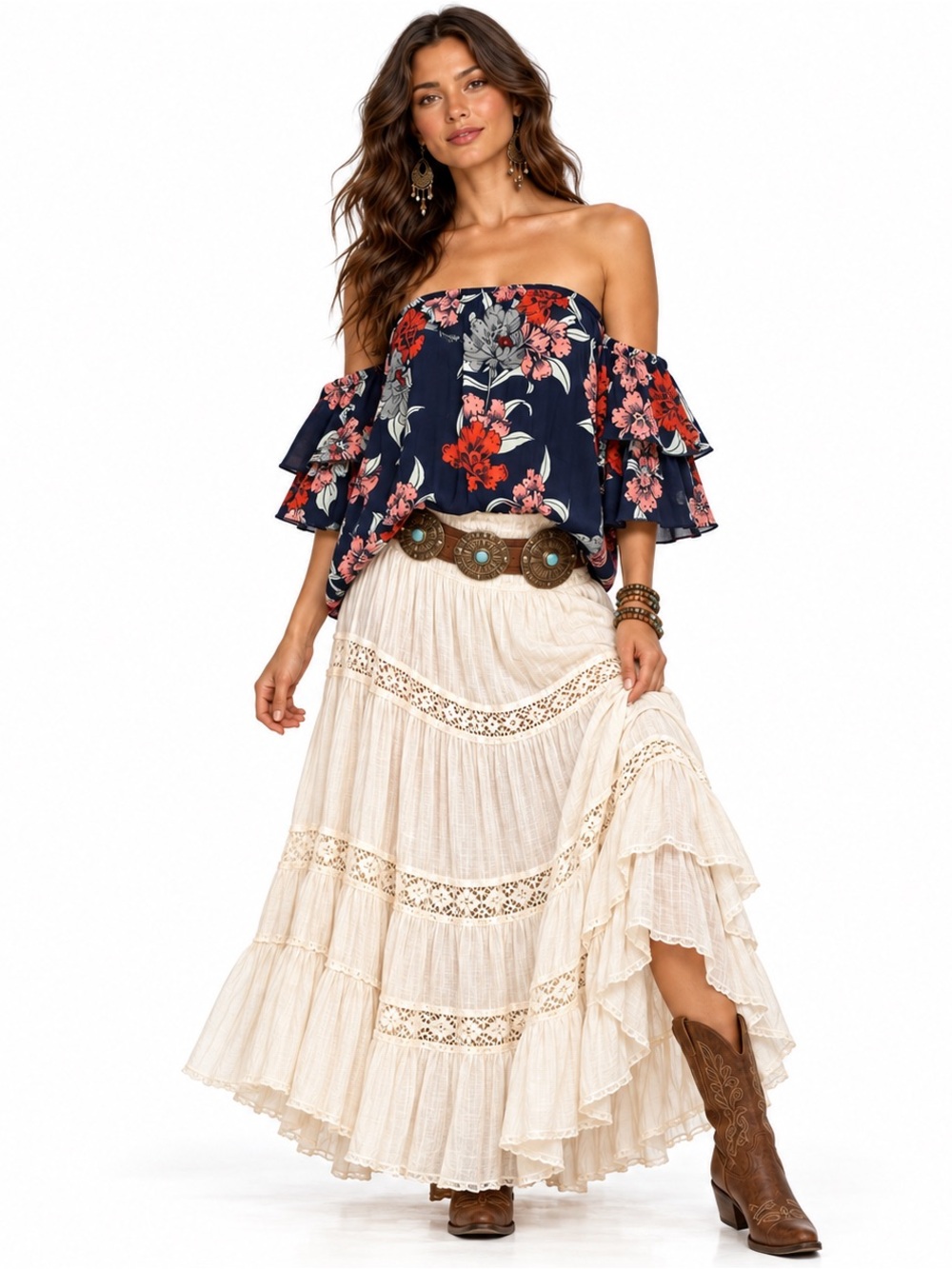 Gypsies & Moondust Floral Off Shoulder Tiered Top Womens SZ M Coastal Fairy Boho